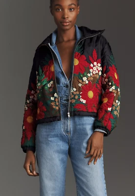 By Anthropologie Floral Embroidered Bomber Jacket Size XL - Image 1 of 4