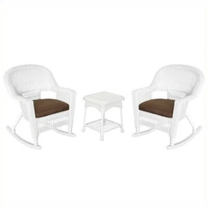 Jeco 3pc Rocker Wicker Chair Set in White with Brown Cushion - Picture 1 of 1