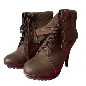 Shoedazzle Lace Up Boots Womens 6.5 Brown Leather High Stiletto Heel NEW in Box - Picture 1 of 6