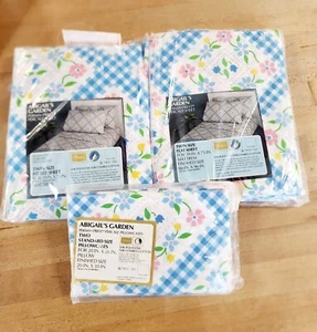 SEARS ABIGAIL'S GARDEN BLUE Floral Checker Twin FLAT, Fitted, Pillowcases Sheets - Picture 1 of 4