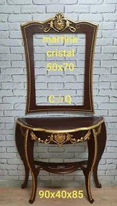 CONSOLLE E SPECCHIERA IN LEGNO NOCE E FOGLIA ORO CON STRASS - Picture 1 of 1