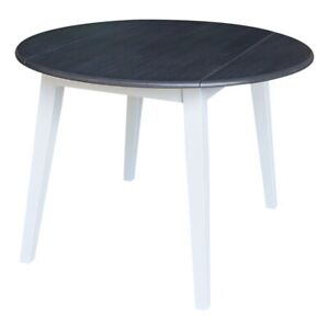42" Round Solid Wood Dual Drop Leaf Table in White and Heather Gray