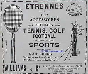 PUBLICITE WILLIAMS & C° ETRENNES RAQUETTE DRIVA MAORI BALLON RUGBY DE 1924 AD - Picture 1 of 1
