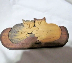 Vintage Wooden Cat Puzzle 3 Pieces Shades of Brown - Picture 1 of 3