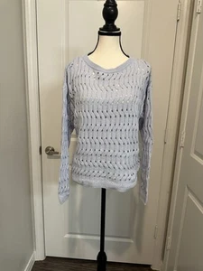 DKNY Light Blue Open Knit Sweater L Coastal Cowgirl Metallic Cotton Blend - Picture 1 of 5