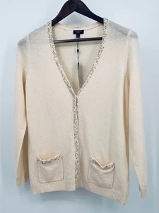 Cárdigan Talbots Borde Con Cuentas Mezcla de Lana Talla Pequeña M Marfil Bolsillos Tejido Suéter - Imagen 1 de 9