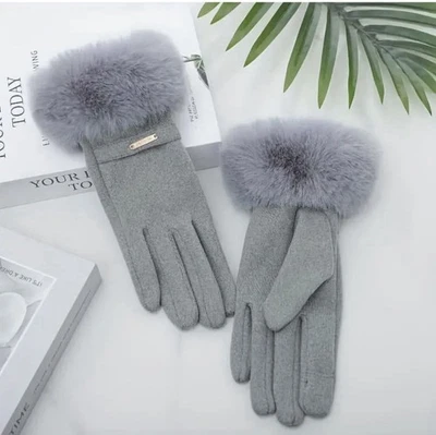Grey Fur Cuff Gloves Warm Winter Women's Touch Screen Safe Material - Image 1 of 2