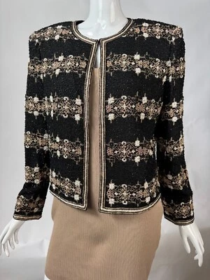 Chaqueta De Colección Niteline Seda Adornada Con Cuentas M Negro Dorado Diseño Floral Abierta Foto 1 de 4