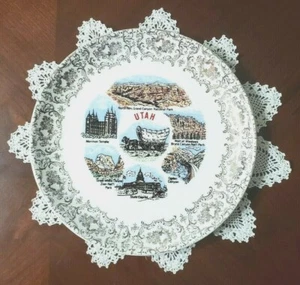 Vintage Utah Souvenir Collectors China Plate - Gold Filigree with Scenes - 9.25" - Picture 1 of 6