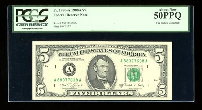 DBR 1988-A $5 Boston Fr. 1980-A PCGS AU-50 PPQ Serial A88377638A - Image 1 of 2