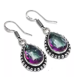 Mystic Topaz Gemstone Handmade 925 Sterling Silver Jewelry Earring Size 1.4" - Picture 1 of 1