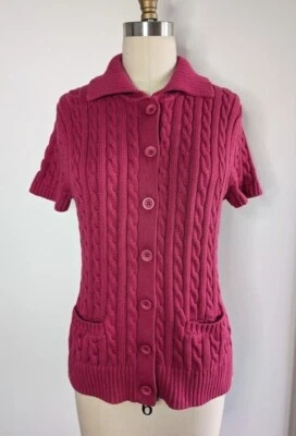 LL Bean Sweater Women's Size Medium Cardigan Cable Knit Short Sleeve Pink Barbie - Image 1 of 4