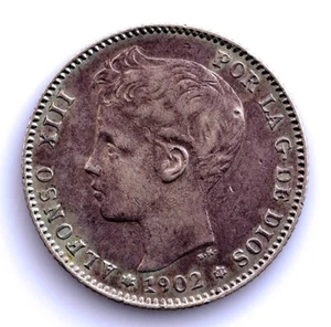 Spain-Alfonso XIII. 1 Peseta 1902*19-02. Madrid. Plata 5 g. MUY ESCASA - Picture 1 of 2