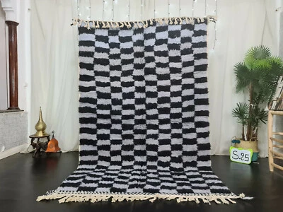 Handmade Moroccan Beni Ourain Rug 5'5"x8'1" Checkered Black Gray Berber Carpet  - Image 1 of 4
