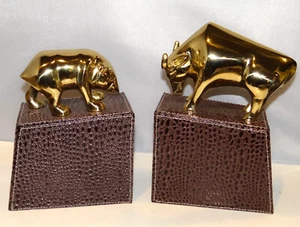 Solid Brass BULL Bear Figurine Wallstreet Finance Statues Bookends Leatherbound - Picture 1 of 12