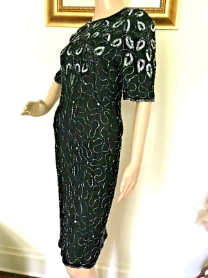 80's Vintage Black Beaded Silver Sequin Sheath Party Dress - Image 1 of 4