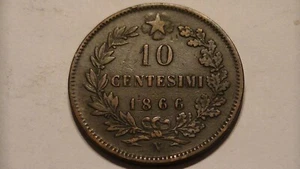 1866 10 CENTESIMI ANTIQUE BRONZE COIN ITALY ITALIAN VITTORIO EMANUELE II KM 11.4 - Picture 1 of 15