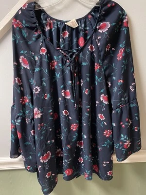 Faded Glory Sz 1X Blue Raglan Sleeve Tie-Neck Peasant Flowy Blouse XL - Image 1 of 4