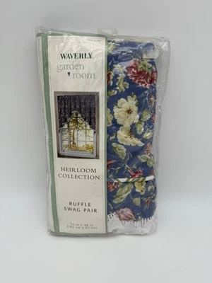 "Par de cenefas con volantes florales azules Waverly Garden Room 72"" x 38"" nuevo de colección" Foto 1 de 4
