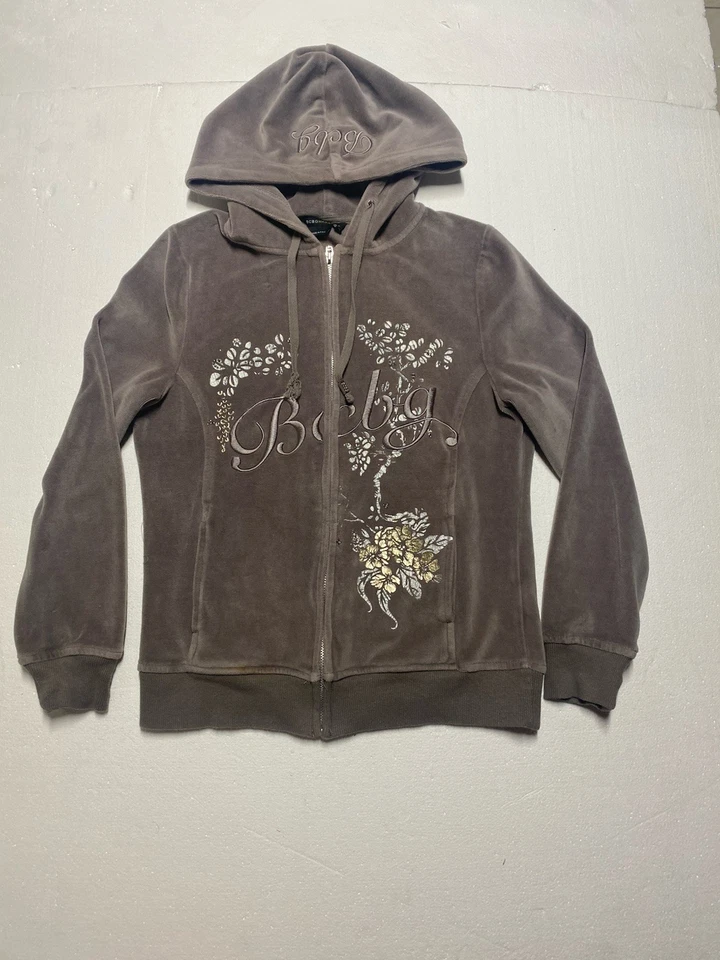 Chaqueta deportiva Y2K BCDG Max Azria terciopelo estampado pavo real beige Am Foto 1 de 4