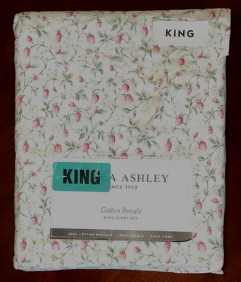 4 pc Laura Ashley King Sheet Set Strawberry Bramble Vine Cotton Pink Green - Image 1 of 4