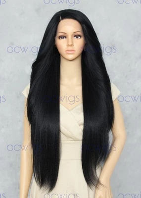 Peluca extra larga completamente recta calor OK encaje frontal mezcla cabello humano EVFA negra apagada Foto 1 de 4