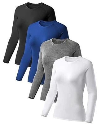  4件装女式压缩衬衫长袖黑色+灰色+白色+蓝色 — 第 1/4 张图片