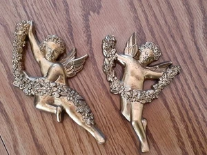 Juego de 2 colgantes de pared vintage Syroco EE. UU. Gold Cherub Angel #3081 4,5" - 5,75" - Imagen 1 de 6