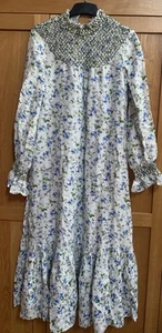 ZARA Dress Linen Mix Embroidered Floral Smocked Prairie High Neck Maxi XS - Picture 1 of 13