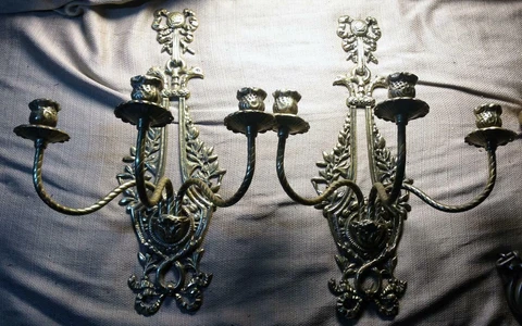 Old Vintage Cast Yellow Brass 3 Arm Candle Wall Sconces Set Pair of Two 2 Cover