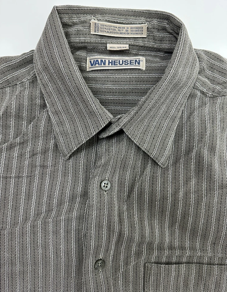 Vintage 90s Van Heusen Dress Shirt Men 15.5 M Gray Striped Long Sleeve Cotton - Image 1 of 4