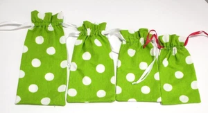 Handmade Drawstring Bags Spring Green Polka Dot Set of 4 FREE SHIPPING - Picture 1 of 4