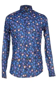 Just Cavalli Bright Blue Star Designs Cotton Fancywork Men's Shirt Size US 46 - Picture 1 of 7