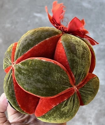 Exceptional Early Large Amish Sewing Ball Puzzle Ball Green Red Christmas Ball - Image 1 of 4