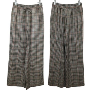 EVERY wide leg high waist plaid elastic waist Women's Brown Gray orange Pants M - Picture 1 of 17