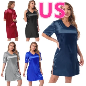 Women's Satin Nightdresses V Neck Short Sleeve Nightgown Sleepwear AU - Picture 1 of 43
