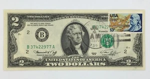 Billete del Bicentenario de $2 1976 "Siracusa, Nueva York 132" con sello de Ben Franklin de 13¢ - Imagen 1 de 3