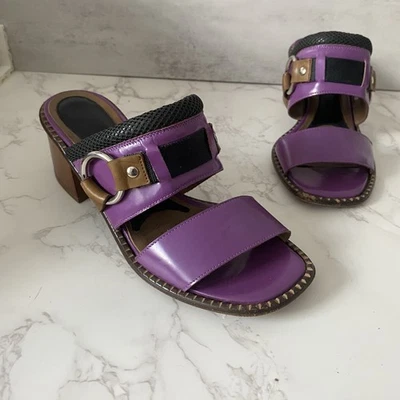 Marni Slides Sandals Women Sz 36.5 (US 6.5) Purple Leather Mid Block Heel Buckle - Image 1 of 4