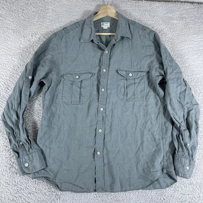 J Crew Shirt Mens Large Green 100% Linen Button Up Long Sleeve Military Roll Tab - Image 1 of 4