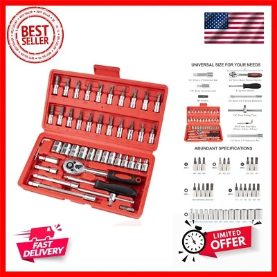 46PCS Small Drive Socket Ratchet Wrench Screwdriver Set, 1/4 Inch Metric Sock... - Image 1 of 4