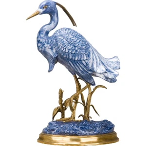 Blue & White Porcelain Heron Statue With Bronze Ormolu 12"H New - Picture 1 of 6