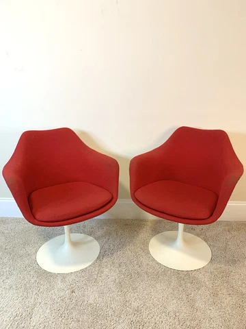 2 Vtg KNOLL SAARINEN TULIP ARM CHAIRS Red Swivel Mid Century Modern MCM Cover