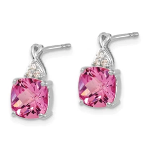 14K White Gold Checkerboard Created Pink Sapphire Diamond Earrings Gemstone ... - Picture 1 of 7