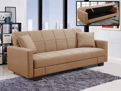 ARREDO CASA FACILE DIVANO LETTO CONTENITORE 3POSTI RECLINABILE MICROFIBRA BEIGE LARGO MEGA CUSCINI