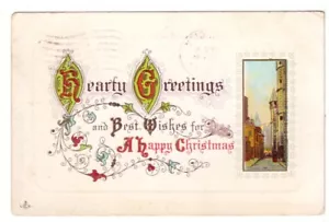 Postal de Navidad de 1912 en relieve de Hearty Greetings, escena callejera de la ciudad - Imagen 1 de 2