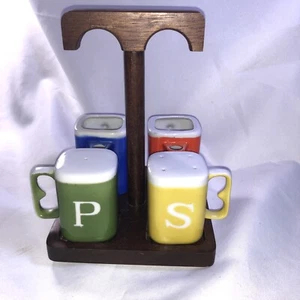 Vintage Keramik Set Öl Essig Salz Pfefferstreuer Japan Holzsockel /91a - Bild 1 von 9
