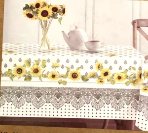 Botanical Sunflower 60 x 84 Cotton Tablecloth Faux Overlay French Country - Picture 1 of 3