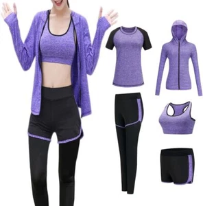 5 PCS Workout Sets for Women, Exercise Wokrout Clothes Yoga Medium, Purple 02 - Picture 1 of 5