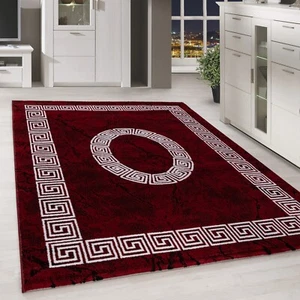 Kurzflor Design Teppich Griechisches Ornament Muster Troja Rot Schwarz Meliert - Bild 1 von 6