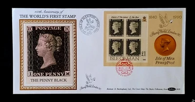 Isle of Man IOM "PENNY BLACK ~ 150th ANN. OF WORLD'S FIRST STAMP" Silk FDC 1990 - Image 1 of 4